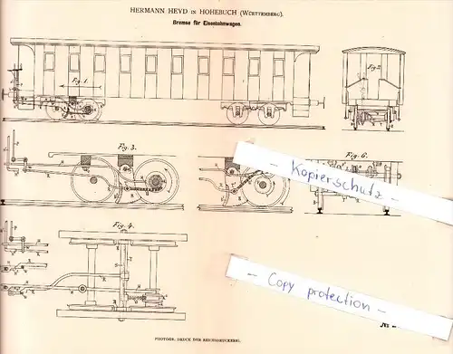 Original Patent - Hermann Heyd in Waldenburg - Hohebuch , 1882 , Bremse für Eisenbahn !!!