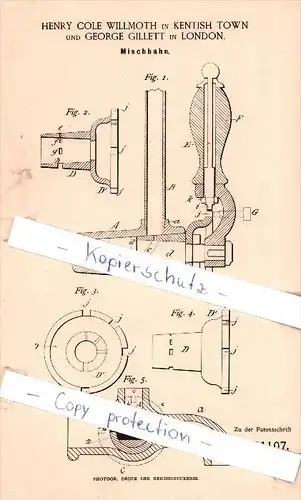 Original Patent - H. Cole Willmoth in Kentish Town und G. Gillet in London , 1888 , Mischhahn !!!