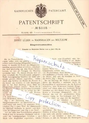 Original Patent - Ernst Lüder in Mannhagen bei Miltzow , 1889 , Düngerstreumaschine , Sundhagen , Mecklenburg !!!