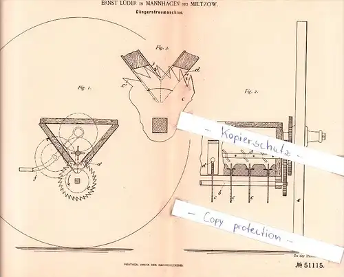 Original Patent - Ernst Lüder in Mannhagen bei Miltzow , 1889 , Düngerstreumaschine , Sundhagen , Mecklenburg !!!