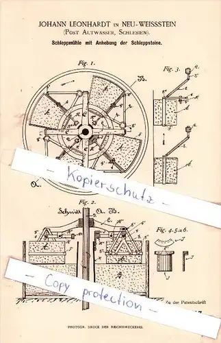 Original Patent - J. Leonhardt in Neu-Weissstein , Post Altwasser , Schlesien , 1889 , Schleppmühle !!!