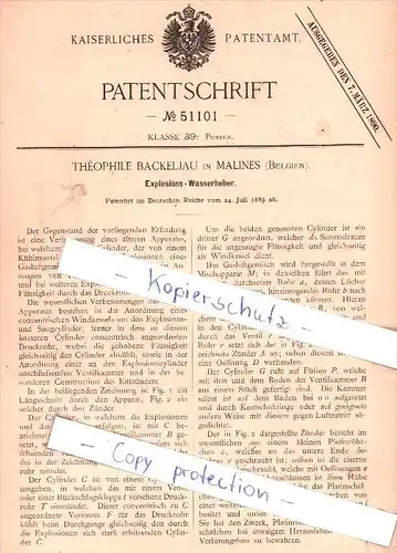 Original Patent - Theophile Backeljau in Malines / Mechelen , 1889 , Explosions-Wasserheber !!!