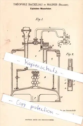 Original Patent - Theophile Backeljau in Malines / Mechelen , 1889 , Explosions-Wasserheber !!!