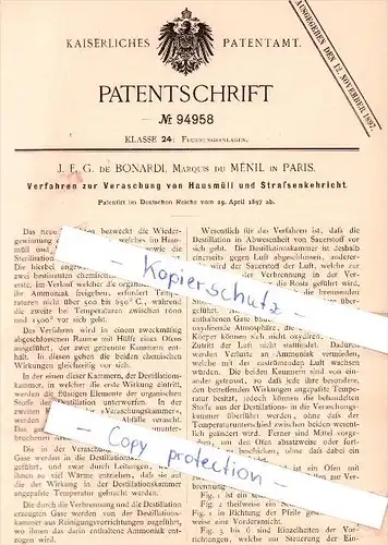 Original Patent - J. F. G. Bonardi , Marquis du Menil in Paris , 1897 , Veraschung von Hausmüll !!!