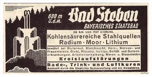 original Werbung - 1938 - Bad Steben , Staatsbad , Arzt , Kur , Krankenhaus , Apotheke !!!