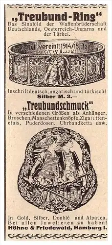 original Werbung - 1916 - Kriegsschmuck , Treubund , Höhne & Friedwald , Patriotika , Fingerring , Militär , Armee !!!