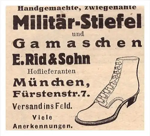 original Werbung - 1916 - Militär - Stiefel m E. Rid & Sohn in München , Militär , Armee !!