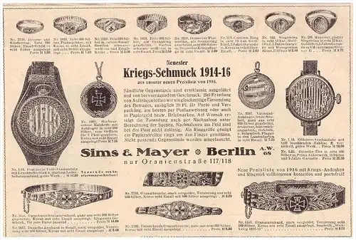 original Werbung - 1916 - Kriegsschmuck , Silber , Sims & Mayer in Berlin , Patriotika , Fingerring , Militär , Armee !!