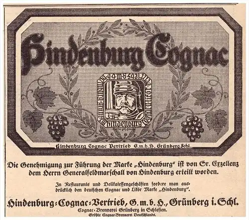 original Werbung - 1916 - Hindenburg - Cognac , Grünberg / Zielona Góra i. Schlesien , Alkohol !!!