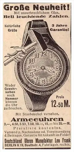 original Werbung - 1916 - Armeeuhren , Leo Frank in Berlin , Uhr , Uhren , Uhrmacher !!!