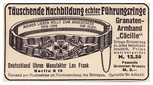 original Werbung - 1916 - Führungsringe , Ringe , Manufaktur Leo Frank in Berlin , Fingerring , Militär , Armee !!!