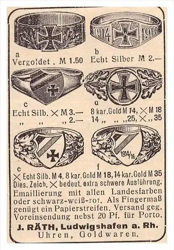 original Werbung - 1916 - J. Räth in Ludwigshafen a. Rh., Ring , Silber , Patriotika , Fingerring , Militär , Armee !!!