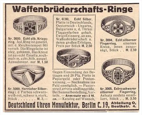 original Werbung - 1916 - Ringe Waffenbrüderschaft , Silber , Patriotika , Fingerring , Militär , Armee !!!