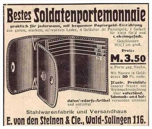 original Werbung - 1916 - Portemonnaie für Soldaten , E. von den Steinen & Cie in Solingen !!!