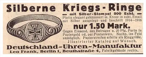 original Werbung - 1916 - silberne Kriegsringe , Manufaktur Leo Frank in Berlin , Fingerring , Militär , Armee !!!