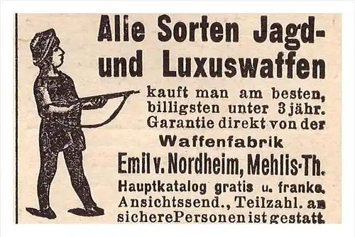 original Werbung - 1916 - Jagd- und Luxuswaffen , Emil von Nordheim in Zella-Mehlis , Suhl !!!