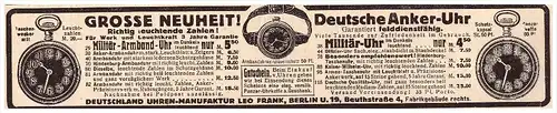 original Werbung - 1916 - Deutsche Anker-Uhr , Militäruhr , Leo Frank in Berlin , Uhrenmacher !!!