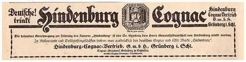 original Werbung - 1916 - Hindenburg - Cognac , Grünberg / Zielona Góra i. Schlesien , Alkohol !!!