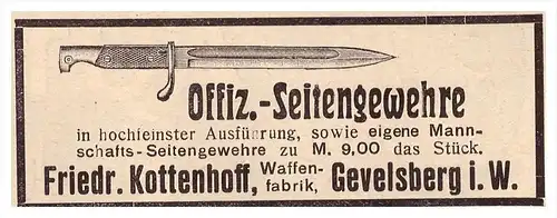 original Werbung - 1916 - Offizier - Seitengewehr , Bajonett , F. Kottenhoff in Gevelsberg i.W., Waffenfabrik !!!