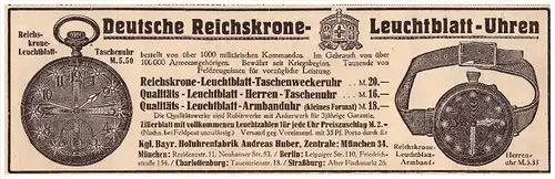 original Werbung - 1916 - Reichskrone - Leuchtblattuhren , Uhr , Uhren , Fabrik A. Huber in München !!!