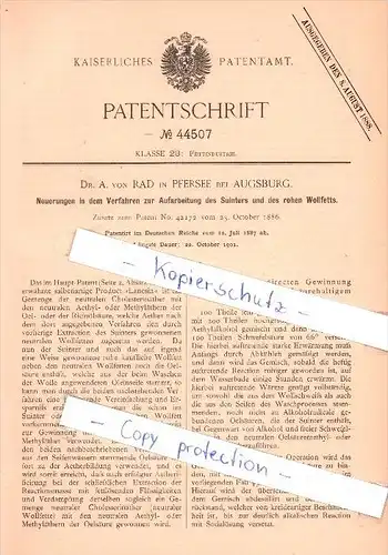 Original Patent  - Dr. A. Rad in Pfersee bei Augsburg , 1887 , Aufbereitung des rohen Wollfetts !!!