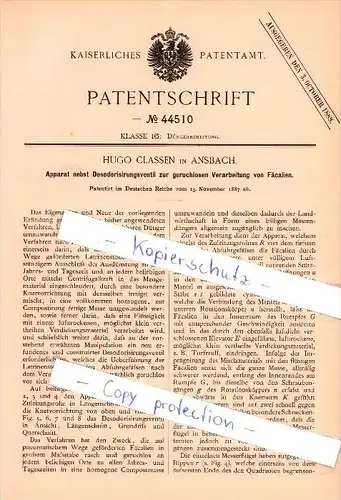 Original Patent  - Hugo Classen in Ansbach , 1887 , geruchlose Verarbeitung von Fäcalien !!!