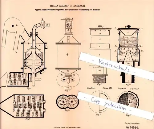 Original Patent  - Hugo Classen in Ansbach , 1887 , geruchlose Verarbeitung von Fäcalien !!!