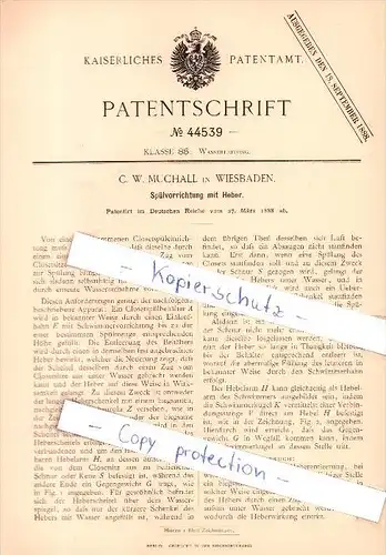 Original Patent  - C. W. Muchall in Wiesbaden , 1888 , Spülvorrichtung mit Heber !!!