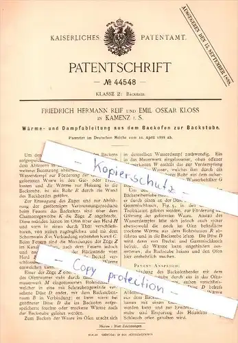 Original Patent  - F. H. Reif und E. O. Kloss in Kamenz i. S. , 1888 , Wärme- und Dampfableitung , Bäcker , Bäckerei !!!