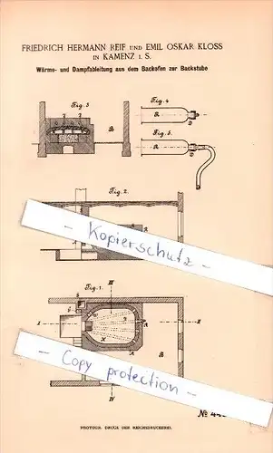 Original Patent  - F. H. Reif und E. O. Kloss in Kamenz i. S. , 1888 , Wärme- und Dampfableitung , Bäcker , Bäckerei !!!