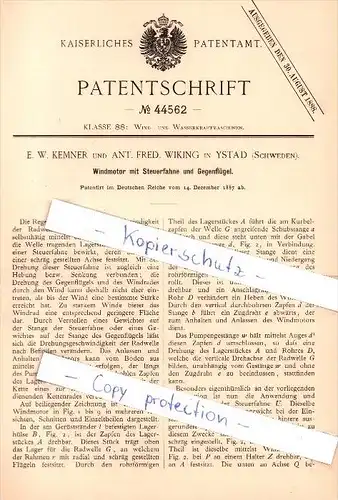 Original Patent  - E. W. Kemner und A.F. Wiking in Ystad , Schweden , 1887 , Windmotor !!!