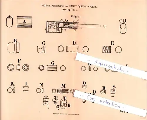 Original Patent  - Victor Anthoine und Henry Quitry in Genf , 1887 , Stiftspitzer !!!