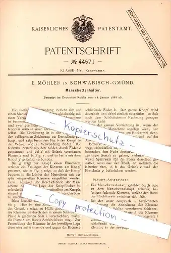 Original Patent  - E. Möhler in Schwäbisch - Gmünd , 1888 ,  Manschettenhalter !!!