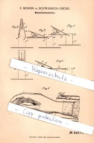 Original Patent  - E. Möhler in Schwäbisch - Gmünd , 1888 ,  Manschettenhalter !!!