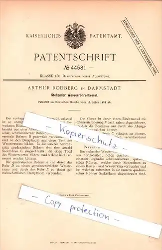 Original Patent  - Arthur Rodberg in Darmstadt , 1888 , Stehender Wasserröhrenkessel !!!