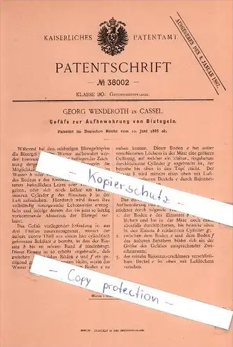 Original Patent  - Georg Wenderoth in Cassel , 1886 , Blutegel - Aufbewahrung , Arzt , Medizin , Heilung , Kassel !!!