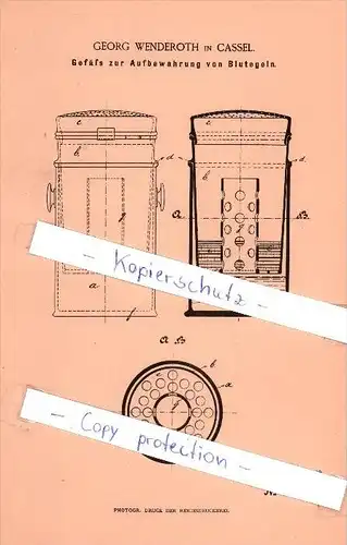 Original Patent  - Georg Wenderoth in Cassel , 1886 , Blutegel - Aufbewahrung , Arzt , Medizin , Heilung , Kassel !!!