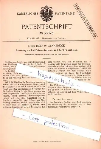Original Patent  - J. von Rolf in Osnabrück , 1886 ,  Bettfedern-Auslese- und Sortirmaschine !!!