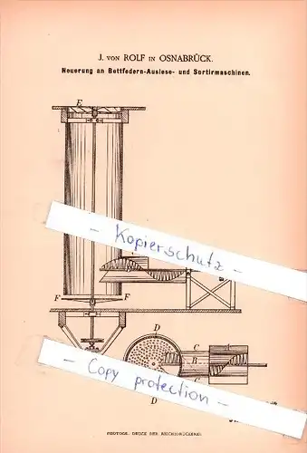 Original Patent  - J. von Rolf in Osnabrück , 1886 ,  Bettfedern-Auslese- und Sortirmaschine !!!