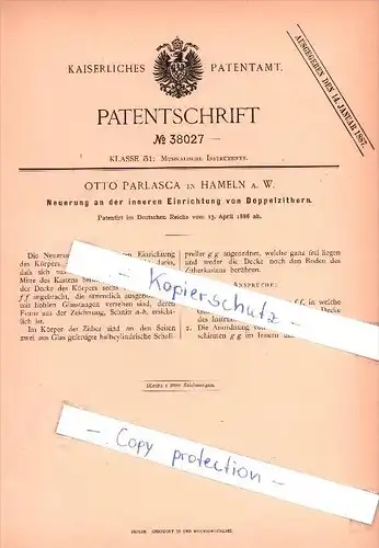 Original Patent  - Otto Parlasca in Hameln a. W. , 1886 , Einrichtung von Doppelzithern , Zither , Musikalien !!!