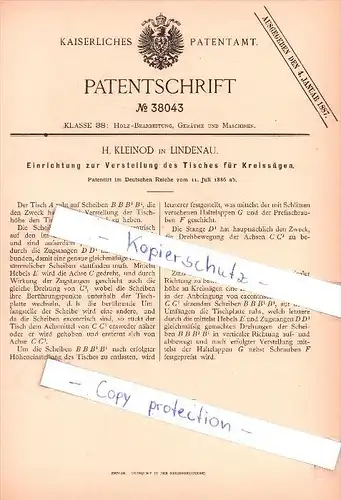 Original Patent  - H. Kleinod in Lindenau , 1886 , Verstellung des Tisches für Kreissägen , Tischlerei , Sägewerk !!!