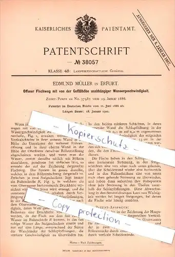 Original Patent  - Edmund Müller in Erfurt , 1886 , offener Fischweg , Fischerei , Fischzucht , Fisch !!!