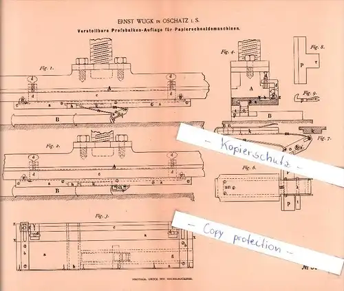 Original Patent  - Ernst Wugk in Oschatz i. S. , 1885 , Papierschneidemaschinen , Buchbinderei !!!