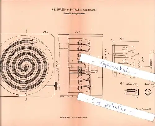 Original Patent  - J . R. Müller in Patras , Griechenland , 1886 , Mineralöl - Hydrogasbrenner !!!