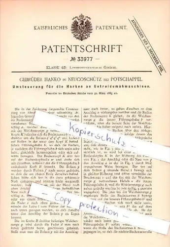 Original Patent  - Gebrüder Hanko in Neucoschütz bei Potschappel , 1885 , Getreidemähmaschinen , Freital !!!