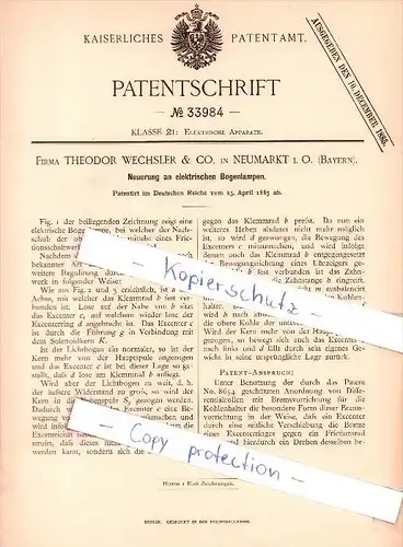 Original Patent  - Firma T. Wechsler & Co. in Neumarkt i. O. , Bayern , 1885 ,  Bogenlampen !!!