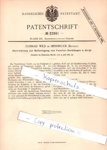 Original Patent  - C. Wild in Hersbruck , Bayern , 1885 ,  Befestigung von Fenster - Vorhängen !!!
