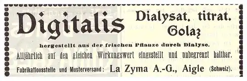 original Werbung - 1907 - La Zyma AG in Aigle , Schweiz , Digitalis , Kur , Arzt , Krankenhaus !!