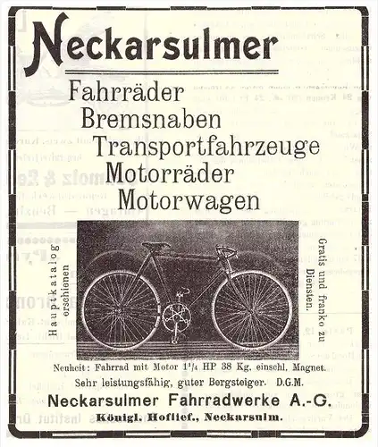 original Werbung - 1907 - NSU , Fahrrad , Motorrad , Neckarsulm , moto , Motorräder , bicycle !!!