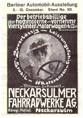 original Werbung - 1907 - NSU Automobil - Ausstellung Berlin , Motorrad , Neckarsulm , moto , Motorräder !!!